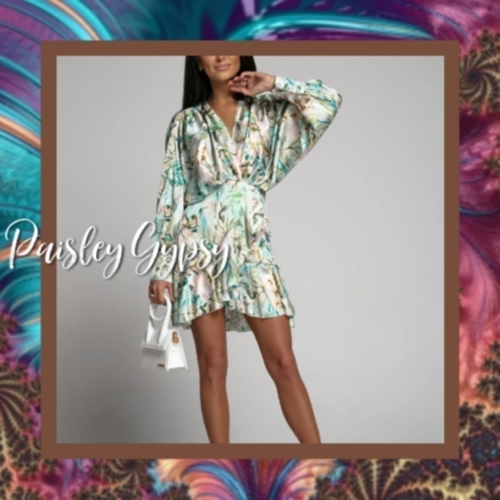 V NECK LANTERN SLEEVE HIGH FASHION FLORAL MINI DRESS - Picture 6 of 8